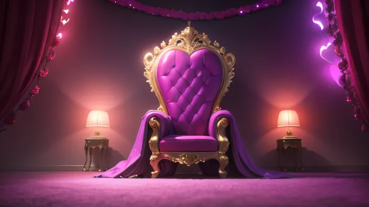 (best quality,8k,UHD),beautiful love room, purple lights, with the theme of love and hearts, with a red throne in the background 