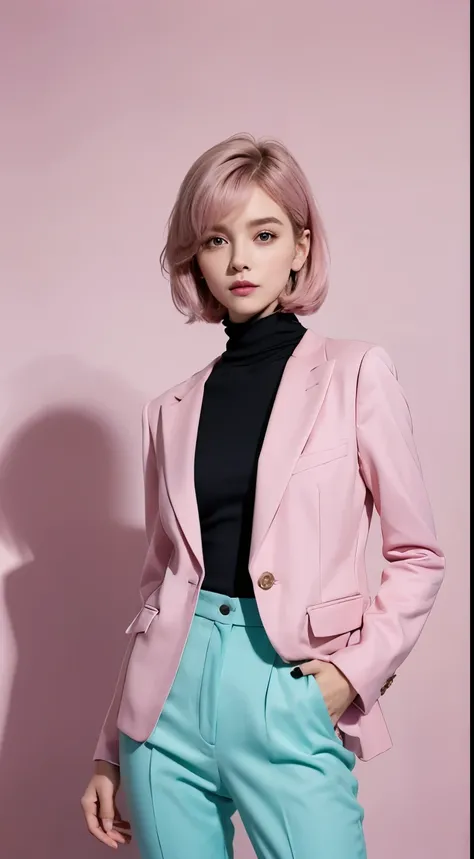 Vogue style photoshoot, Clarity, 4k, 8k, detail, actual, Beautiful Girl, wear pastle blazer, pastle pants, black lips, pink and blue mullet haircut, Perfect body, thigh, stand, pose standing, medium chest, Wes Anderson style, pastle color background in Wes...