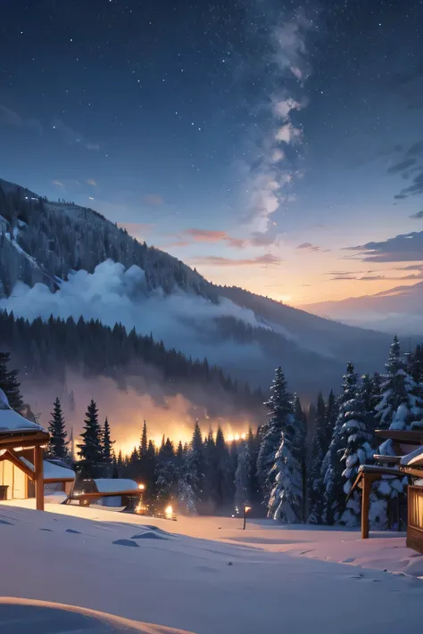   The sky is full of white snow, and there are still snowflakes floating in the sky. In the distance is the vast forest, and nearby is a village with lights on and smoke floating from the kitchen.