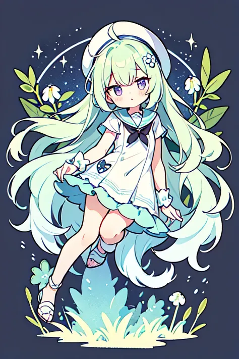 light pastel green hair with light yellow ombre, side parted hair, a bit mature cute girl, round eyes, purple eyes, no pixelated eyes, lily of the valley hair ornament, flower fairy, dirty tattered one piece dress, gshostly, greyish color pallete, dynamic ...