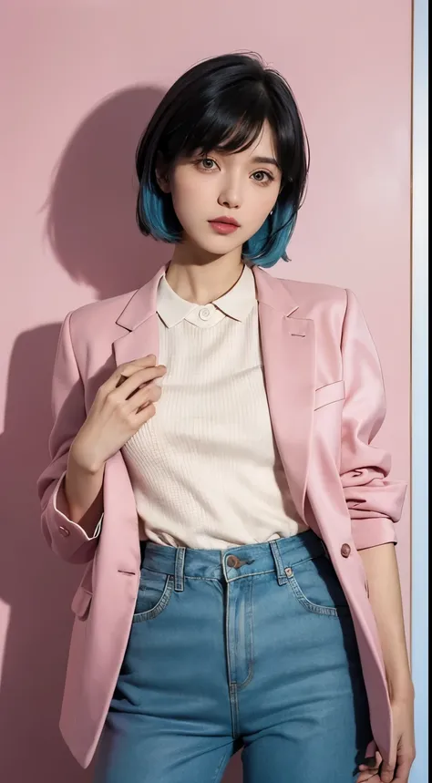 Vogue style photoshoot, Clarity, 4k, 8k, detail, actual, Beautiful Girl, wear pastle blazer, pastle pants, black lips, pink and blue mullet haircut, Perfect body, thigh, stand, pose standing, medium chest, Wes Anderson style, pastle color background in Wes...