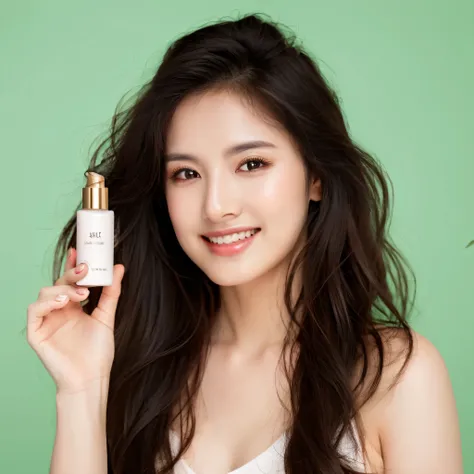 a beautiful girl holding a bottle of hair serum product in her hand, white skin tone, asia girl, korean girl, photoshoot for skincare brand, professional product photo, high quality product photo, official product photo, professional product shot, diffused...