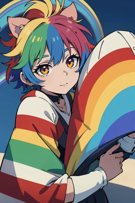 cute,mini character,rainbow colored hair,front,juvenile