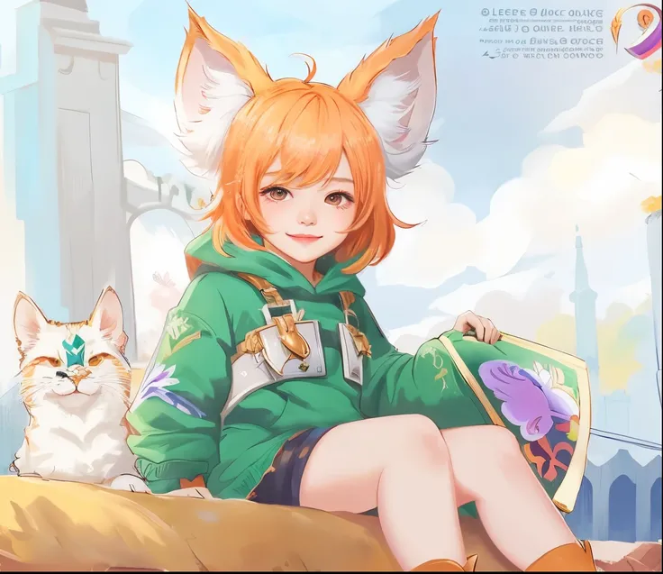 nana, mobile legends, hero of mobile legends, orange hair, leonen, leonen ears, green eyes, smile, 