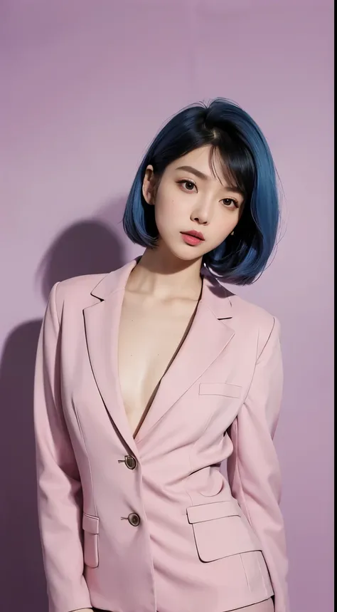 Vogue style photoshoot, Clarity, 4k, 8k, detail, actual, Beautiful Girl, wear pastle blazer, inner wear, pastle pants, black lips, pink and blue mullet haircut, Perfect body, thigh, stand, pose standing, medium chest, Wes Anderson style, pastle color backg...