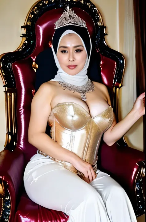 Mature milf queen wearing hijab, wearing tiara, busty beautiful dropy breasts, wearing mini corset, leather high heel boots, wearing shawl dropped down to her arms, sitting on a big throne in a throne room, sweaty very shiny very oily cleavage and breasts,...