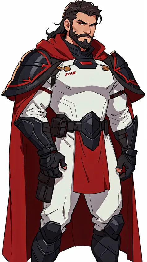 1 caucasian Man solo, solo.he has a short black beard and he has black flowing hair. black/red sci-fi armor. cape. White background