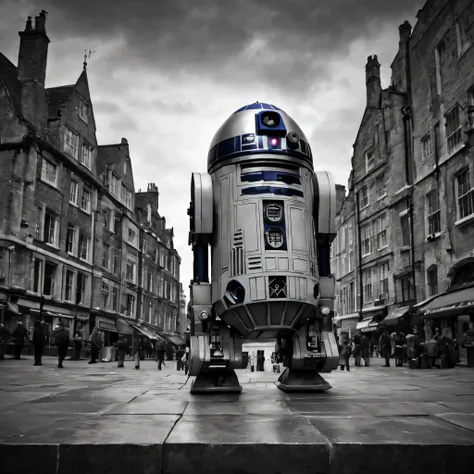 Noir style drawing: r2d2 stands in a square in medieval London. Noir, shine, shine, Black and white, 3D