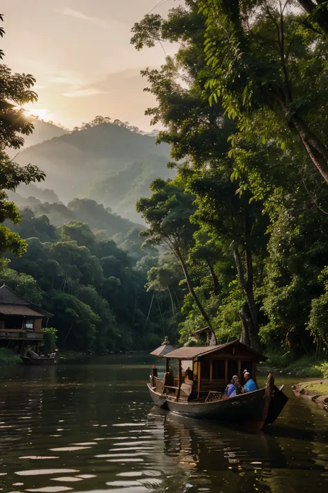 malaysia scenery landscape in year 1562, include river, traditional house atap nipah,  traditional wooden boat, small village nearest river, rainforest, sunset