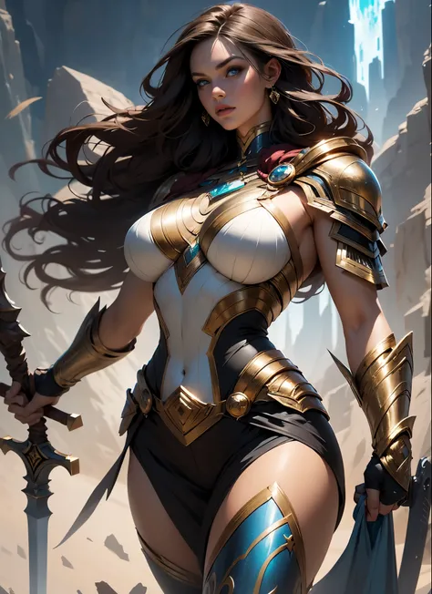 Alison Tyler as a Asgard valkyrie，blue eyes, long brown hair, perfect body, Senhora Cavaleiro，Anatomia correta，holding a magical big sword, epic fantasy digital art, masterpiece，8k，high-definition resolution，desenho detalhado，Qualidade Superior，, Epic comp...