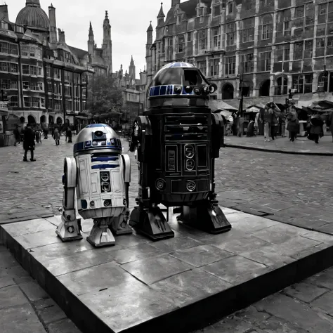 Noir style drawing: r2d2 stands in a square in medieval London. Noir, shine, shine, Black and white, 3D