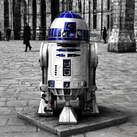 Noir style drawing: r2d2 stands in a square in medieval London. Noir, shine, shine, Black and white, 3D