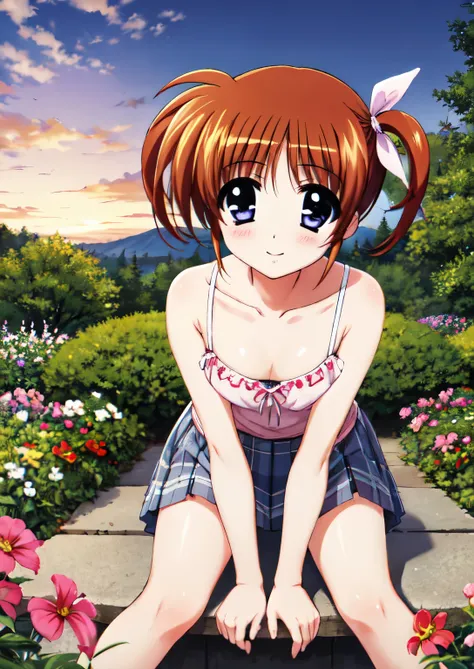 nanoha,1 girl, japanese, high school girl、 looking at the viewer, whole body, front view:0.6, (beautiful scenery), garden, camis...