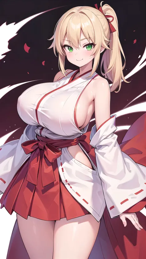 1 girl, game cg, red and white miko, shoulders visible, short hakama skirt , ((gigantic breasts)), blonde, middle hair, side ponytail, green eyes, standing, smiling, dynamic, white background,