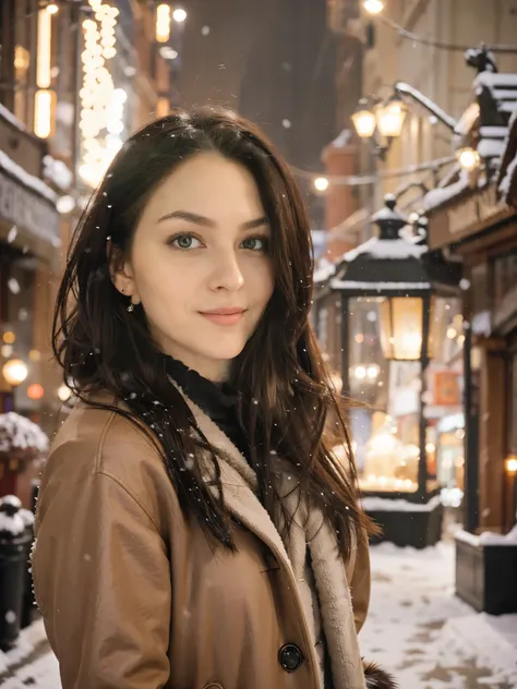 hair flying in the wind, wearing a brown mink coat against the backdrop of the evening city, lantern lights, metropolis street, evening, snowfall, winter, black leather gloves