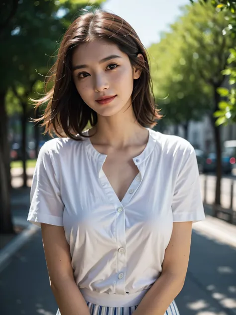 Upper body、avert your eyes、cute japanese girl, gentle features、super cute face、glossy lips、double eyelids in both eyes、natural makeup, smile, long eyelashes are bright, medium hair, Smooth light brown hair、hair swaying in the wind, bangs、center image、8K、hi...