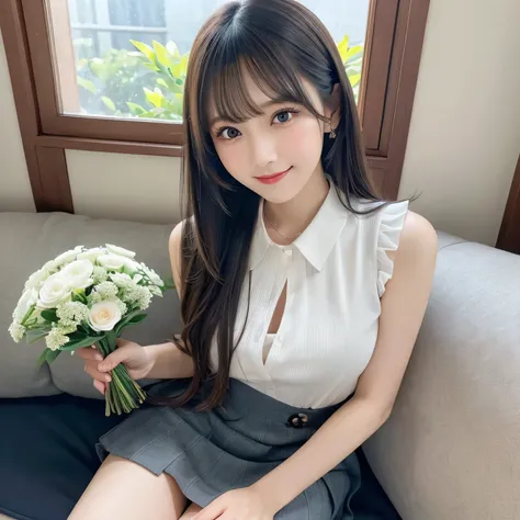 on the table, best quality, illustration, Super detailed, fine details, high resolution, 8k wallpaper, Perfect dynamic composition, Beautiful and delicate eyes,whole body摄影，show your whole body、collared shirt、mini skirt,thin and transparent、long gray hair,...