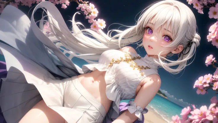 Realistic, 1girl, white hair, purple eyes, glowing eyes, cropped top, skirt, parted lips, blush, night, flowers, sun, sunlight, white skirt, short skirt, medium length hair, real, warm colors, white short Dress, white clothes, light background color, day e...