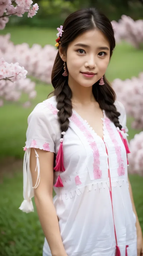 1girl wearing Karen traditional outfit, the blouses are a type of clothing that showcases the skill and creativity of the Karen weavers and embroiderers. They are made of two narrow panels of cotton or silk fabric, woven on backstrap looms, and sewn togeth...