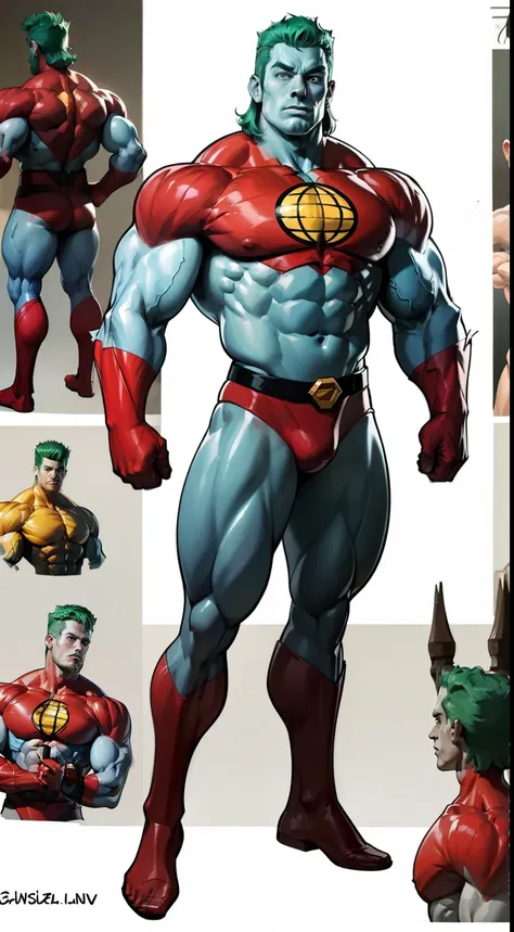 captain planet, design sheet, ((thin jaw)), captain planet, blue face, colored skin, (slendered abs), green hair, masterpiece ,muscular, (veiny biceps:1.1), big arms, chiseled chest, detailed , shiny skin, powerful, godlike, v shape body, wide lat muscles,...