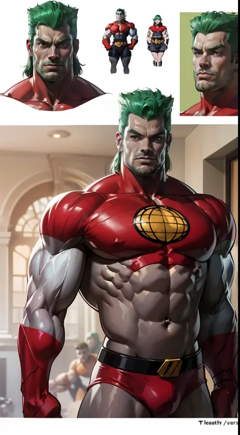 captain planet, design sheet, ((thin jaw)), captain planet, blue face, colored skin, (slendered abs), green hair, masterpiece ,muscular, (veiny biceps:1.1), big arms, chiseled chest, detailed , shiny skin, powerful, godlike, v shape body, wide lat muscles,...