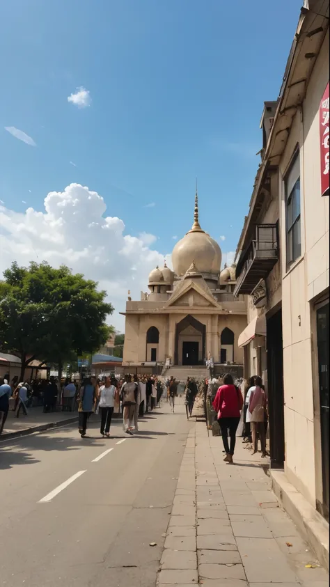 irealistic picture of an indian temple in the middle of the city taken from the street with crowd walking around busy