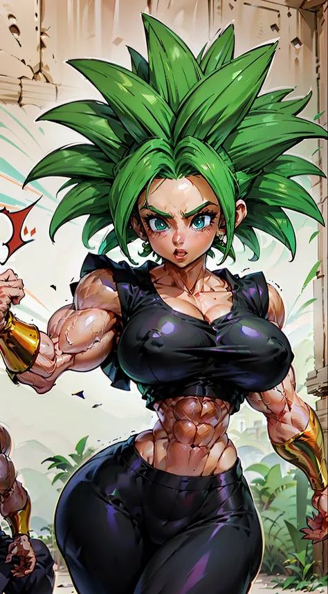 ((Black line work)), detailed line work, ((slendered abs)), ((masterpiece)), ((proportion Aurea)), ((Dynamic)), ((natural)) ((best quality)), ((ultra-detalhado)), ((kefla dragon ball super)), {1mulher}, {neon green hair}, {super sayajin}, {style dragon bal...