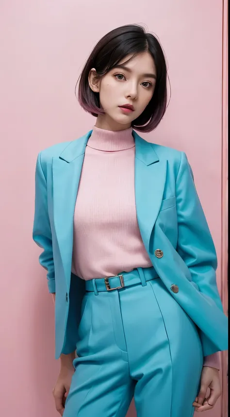 Vogue style photoshoot, Clarity, 4k, 8k, detail, actual, Beautiful Girl, wear pastle blazer, inner wear, pastle pants, black lips, pink and blue mullet haircut, Perfect body, thigh, stand, pose standing, medium chest, Wes Anderson style, pastle color backg...