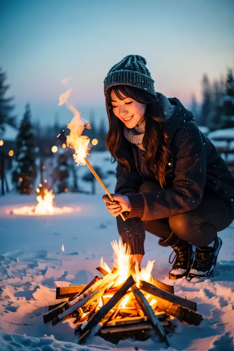 Beautiful woman making a bonfire in the snow