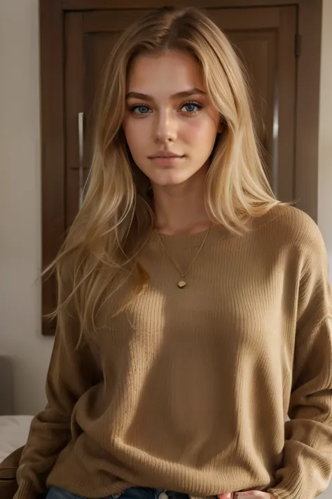 1Girl 18 years old, nur, Lange Haare, midsize , Blick auf den Betrachter, blondes Haar, nackte Schultern, braune Augen, Schmuck, full entire body, Halskette, schulterfrei, pullover, lips, realistisch, Nase, Flirten mit der Kamera