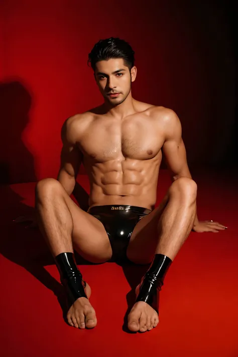 A Latino man in black latex underwear on a red background shows his bare feet, SUS PIES SON BELLOS Y BONITOS, Many details on the feet and not weird nails