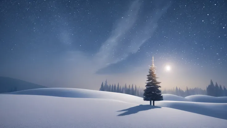 night。There is a tree in the moonlit snow, beautiful snow scene, snow scene background, snow scene, snowy hill at sunrise, snow environment, snow scene, Snowy mountain landscape, beautiful digital paintings, beautiful digital artwork, winter scenery fantas...