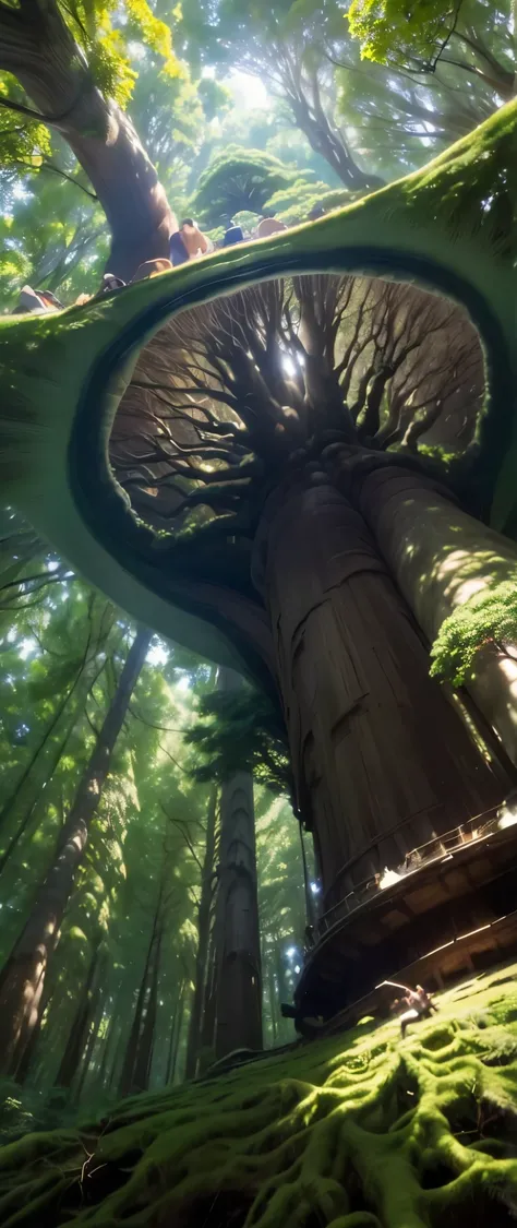 ((Highest image quality、masterpiece、Highest image quality、8K))、Deep in the forest, looking up at one huge tree from below, (A giant tree shaped like a human body:1.8), Optical Illusions