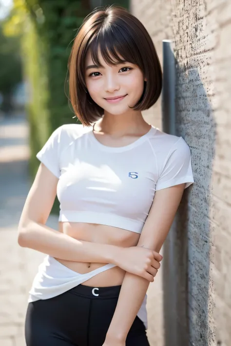 narrow eyes, straight hair, 1 girl, 17 year old girl, small eyes:1.3, narrow eyes:1.3, beautiful breasts:1.5、highly detailed eyes:1.2)、(beautiful breasts:1.1), (short hair:1.1), bangs, tight waist, alone, looking at the viewer, light smile, (White Running ...