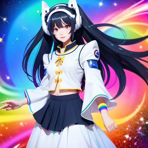 White Nine-Tailed Fox,　personification,　one eyed robot,　Rainbow background swirling in space