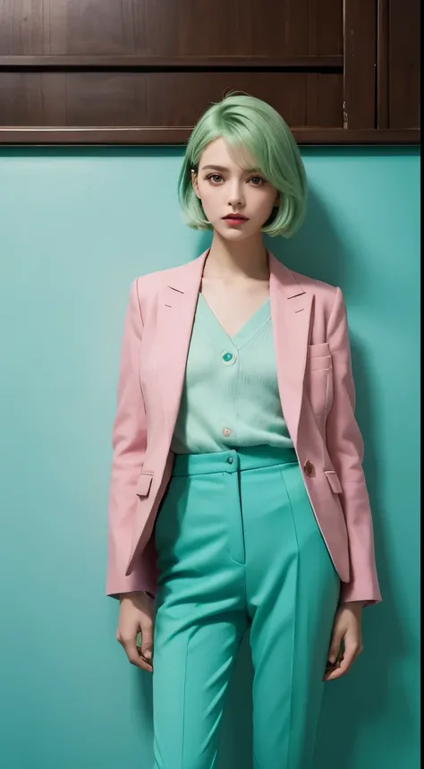 Vogue style photoshoot, Clarity, 4k, 8k, detail, actual, Beautiful Girl, wear green pastle blazer, inner wear, green pastle pants, black lips, pink and blue mullet haircut, Perfect body, thigh, stand, pose standing, medium chest, Wes Anderson style, pastle...