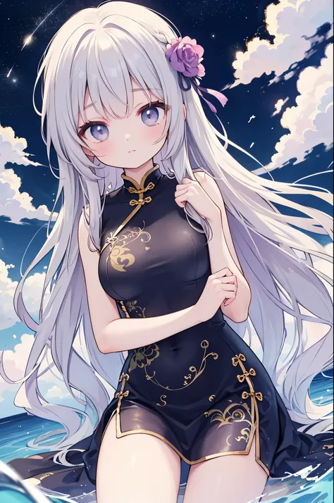 （masterpiece）、(highest quality)、((Super detailed))、(super delicate)、cute、Pastel colors hair、beautiful breasts、Gorgeous、fantastic sea of stars、Golden, silver and purple cheongsam