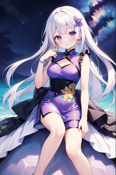 （masterpiece）、(highest quality)、((Super detailed))、(super delicate)、cute、Pastel colors hair、beautiful breasts、Gorgeous、fantastic sea of stars、Golden, silver and purple cheongsam