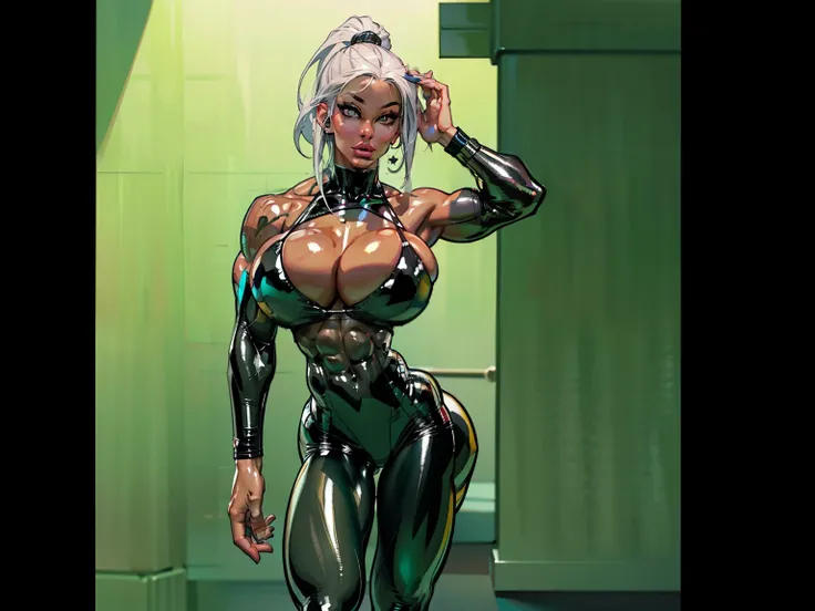  Generate an illustration of a mature Jade Cargill, ((wwe)),  silver hair ,  (black skin), de terno preto, (bikini:1.3), short hair, hair combed back, (gigantic breasts:1.3), in anime format with a serious style, (green Leggings), ((white and black bikini)...