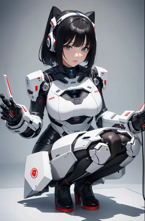 masterpiece, best quality, extremely detailed, (8K, 4K, Best Quality, hight resolution, 超A high resolution:1.1), Japanese android woman,Plump , announcer,control panels,activate,Squat,android,droid,Mechanical Hand,Robot arms and legs, Black Robot Parts,bla...