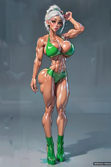  Generate an illustration of a mature Jade Cargill, ((wwe)),  silver hair ,  (black skin), de terno preto, (bikini:1.3), short hair, hair combed back, (gigantic breasts:1.3), in anime format with a serious style, (green Leggings), ((white and black bikini)...