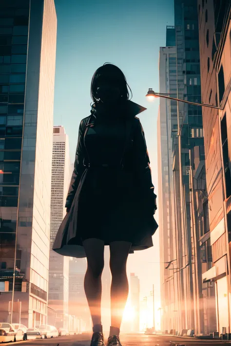  "Capture the ethereal image of a womans silhouette against the backdrop of a bright, urban cityscape shot on a Polaroid camera. The photo is overexposed to wash out the city lights, giving the buildings and sky a burnt-out look only interrupted by occasio...