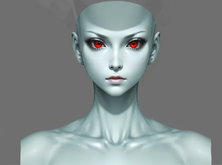 One head is huge、Close-up of woman with red eyes, Pointed face and gray eyes,, red eyes和瘦脸, white skin and reflective eyes, detailed body and eyes, attractive face, red eyes, female humanoid portrait, red eyes，3D character art，Ash，2。5D CGI anime fantasy ar...