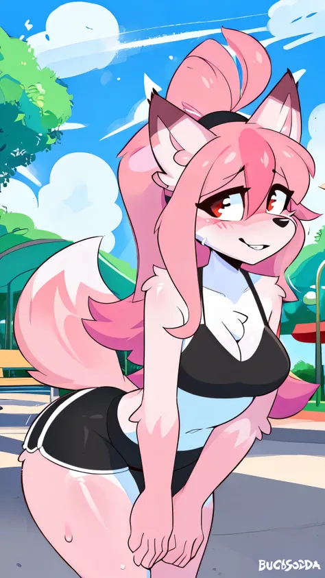 (by wamudraws, by burgerkiss, by teranen, by freeedon, by Kilinah, by Coffeesoda, by Hioshiru, by Kilinah), Furry, Nazuna_hiwatashi, Anthro, Female, Solo, standing, Mocking Look, (half-closed eyes), Pink Hair, Pink Tail, (black sport bra, sexy sport shorts...