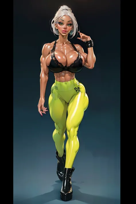  Generate an illustration of a mature Jade Cargill, ((wwe)),  silver hair , (black skin), de terno preto, (black bra:1.3), short hair, hair combed back, (gigantic breasts:1.3), in anime format with a serious style, (neon green Leggings), ((warm lighting)),...