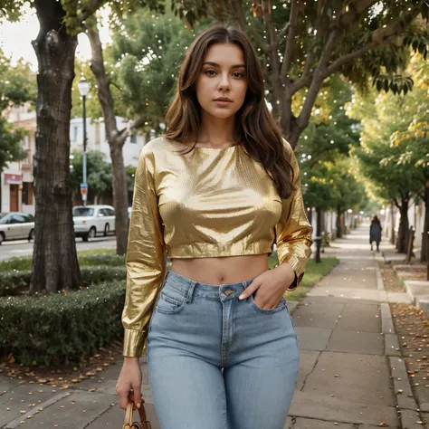 The image shows a woman wearing a golden top and whit jeans standing in front of a tree with her hands on her hips. The background is a tree lined street.23 year lady, big thighs, medium size , seducing look,ultrarealistic
