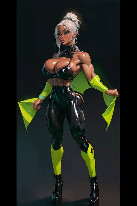  Generate an illustration of a mature Jade Cargill, ((wwe)),  silver hair , (black skin), de terno preto, (black bra:1.3), short hair, hair combed back, (gigantic breasts:1.3), in anime format with a serious style, (neon green unitard), ((warm lighting)), ...