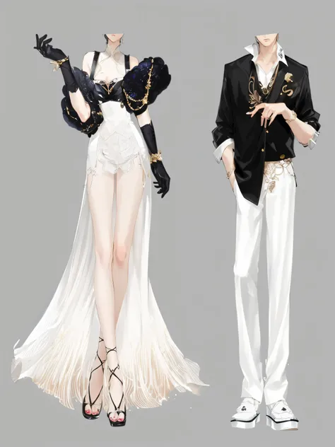 Anime style illustration of man and woman wearing formal clothes, Wear your dreamy formal attire, SleekDesign, whole body;, whole body xianxia, Very detailed and rich costumes, Moon-themed costumes, fantasyoutfit, clear SleekDesign, White and black clothin...