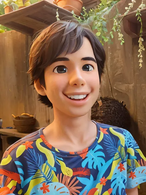 There is a very young boy who is smiling at the camera in Pixar style, Style Live Life is a party