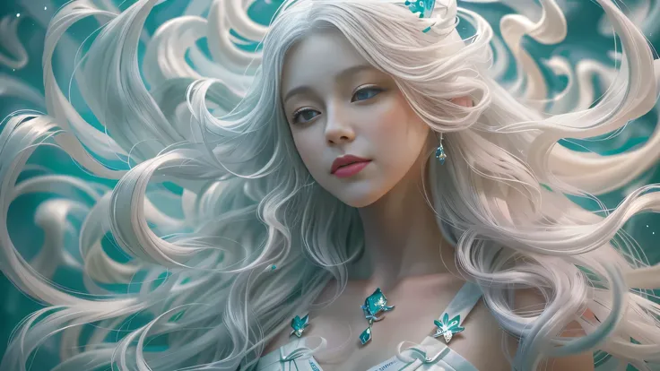 there is a woman，white hair，wearing white dress, white hair floating in the air, Flowing white hair, jewel eyes，Beautiful fantasy art portrait, Detail of long white hair, complex wlop, flowing hair, white hair girl, Beautiful fantasy portrait, long Flowing...